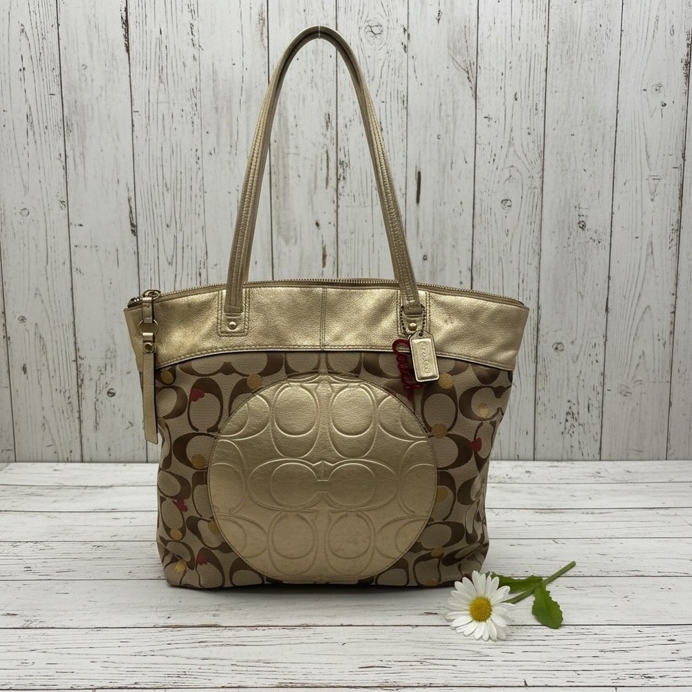 Coach Signature Hearts Tote Gold Leather Trim Red Interior Shoulder Bag‎